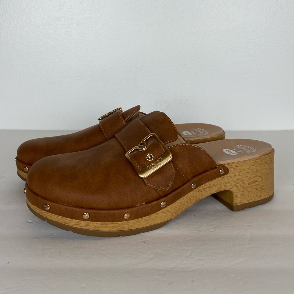 Dr. Scholl's Brown Leather Clog Mules with Gold Buckle - Picture 4 of 12